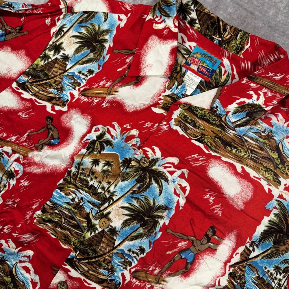 Reyn Spooner Joe Kealohas Men XL Red Hawaiian Shirt Rayon Surfer Tropical Scenic